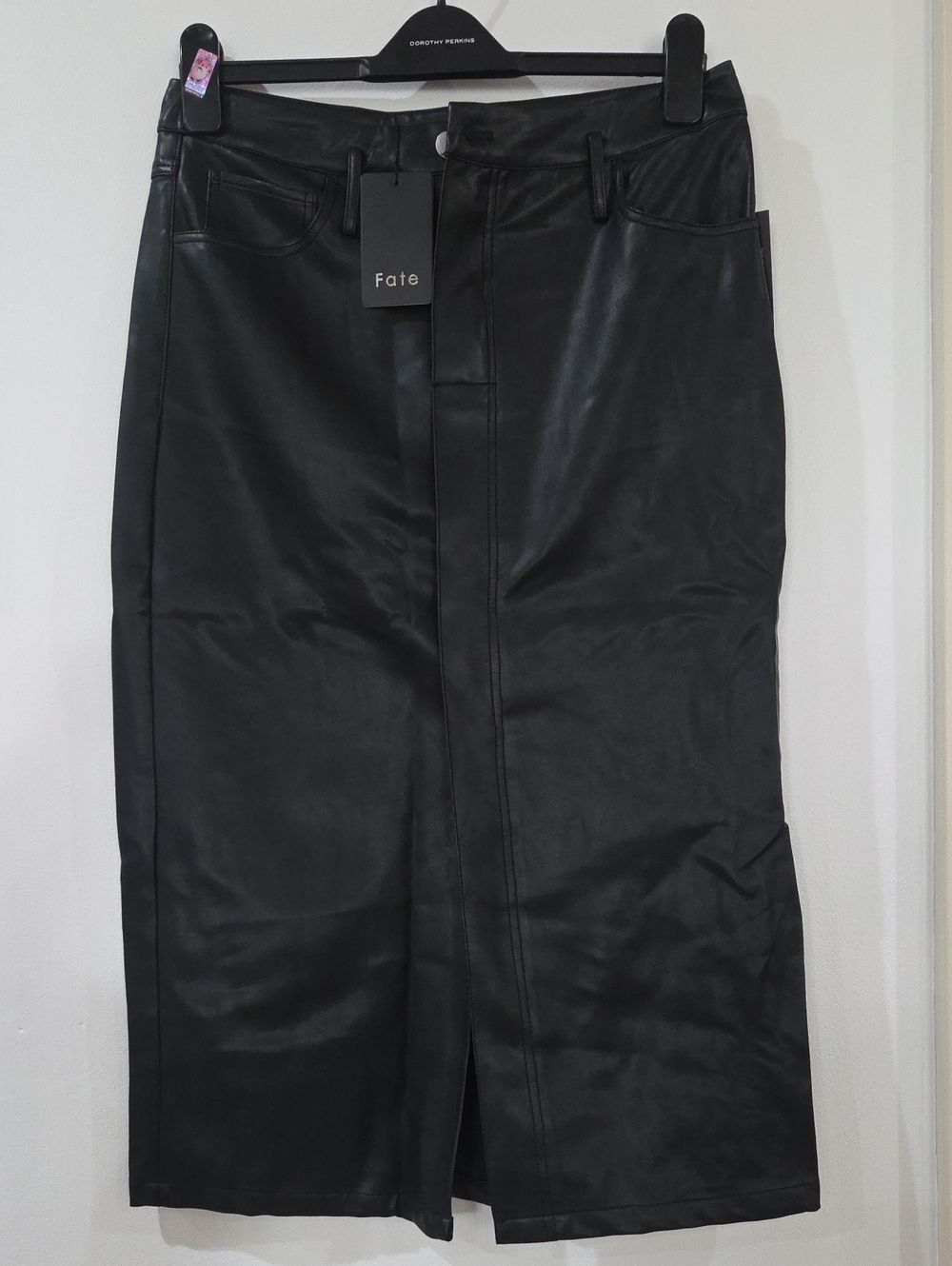 Fate Black Faux-Leather Midi Pencil Skirt with Front Slit